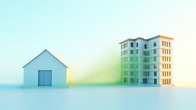 Abstract graphic showing assets moving from an old property to a new, larger multi-family property, symbolizing a 1031 exchange and wealth growth.